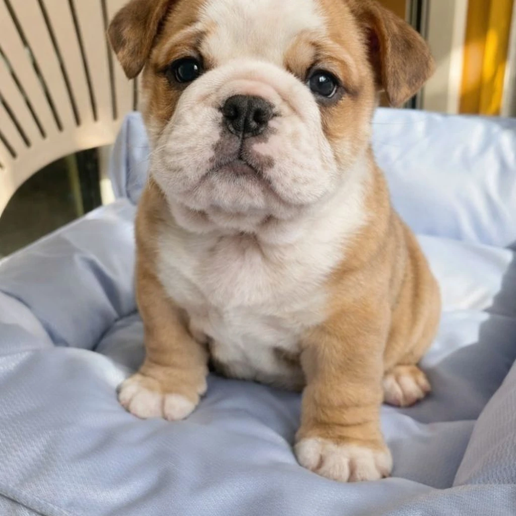 Cachorro de Bulldog Inglés fawn y blanco